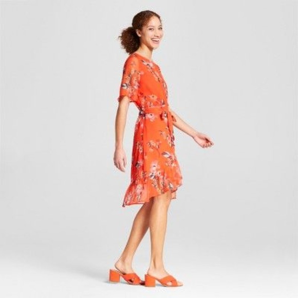 NEW Red Floral Print Short Sleeve Ruffle Dress D2 - Picture 2 of 8